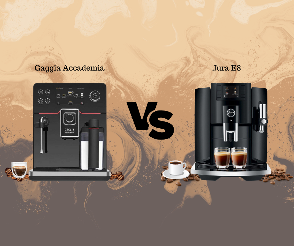 Side-by-side image of Gaggia Accademia and Jura E8 espresso machines