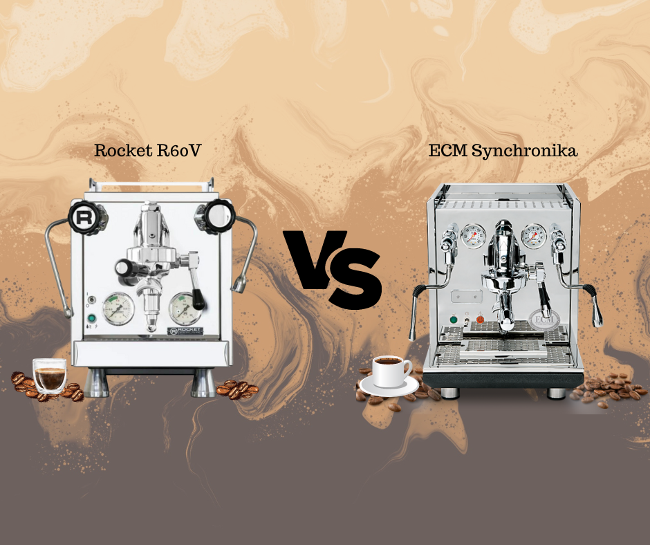 displaying the Rocket R60V and ECM Synchronika espresso machines side by side.