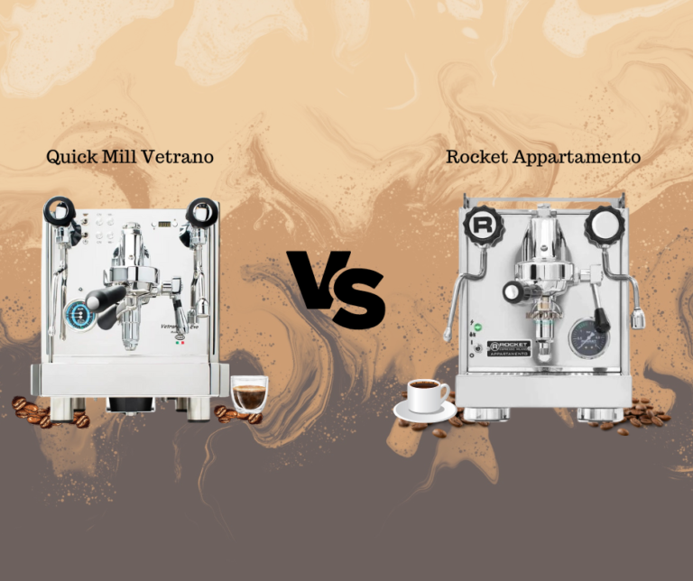 Quick Mill Vetrano next to Rocket Appartamento, showcasing premium espresso machines for home baristas in a sleek setup.