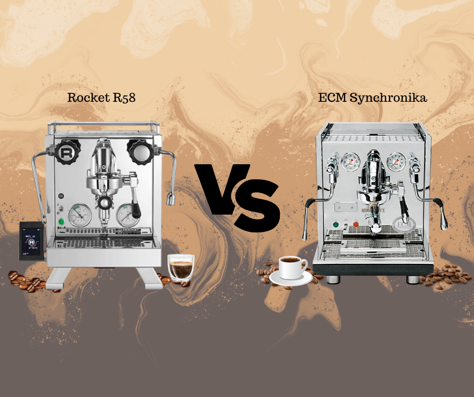 Rocket R58 and ECM Synchronika espresso machines side-by-side, showcasing their sleek designs and dual boiler features.