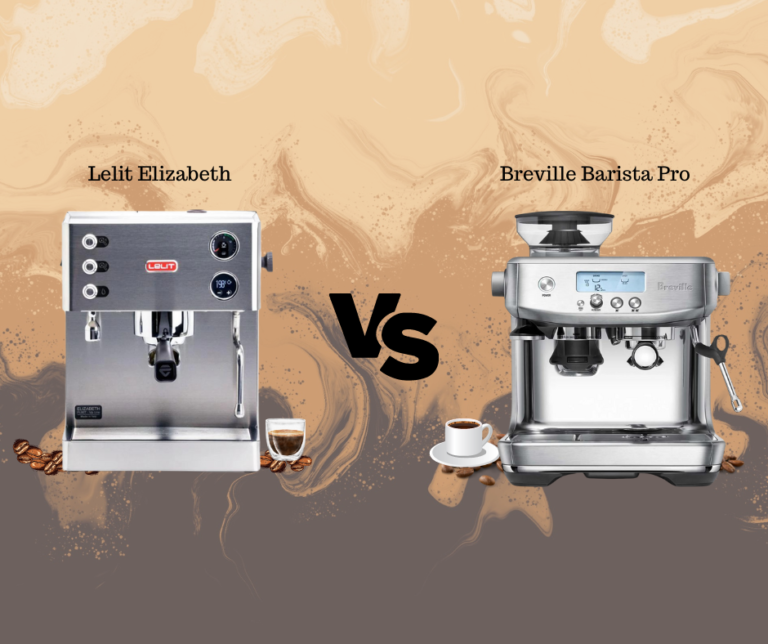 Side view of Lelit Elizabeth and Breville Barista Pro espresso machines, highlighting their sleek designs and user-friendly controls.