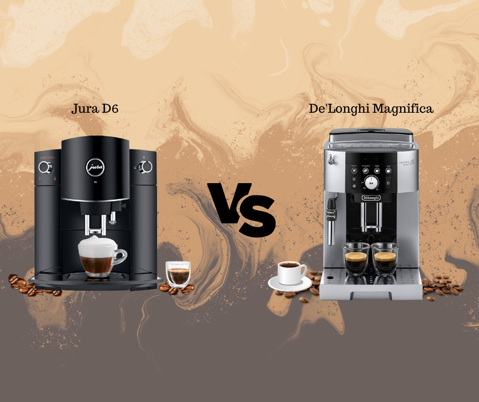 Close-up of the Jura D6 and DeLonghi Magnifica espresso machines, highlighting the distinct design and unique features of each.