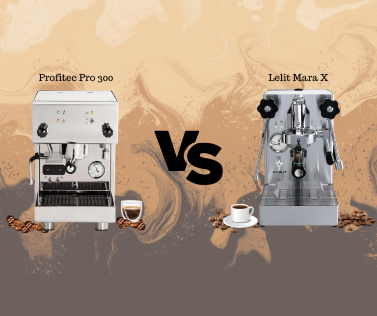 "Close-up view of Profitec Pro 300 and Lelit Mara X espresso machines, highlighting their controls, group heads, and compact designs.