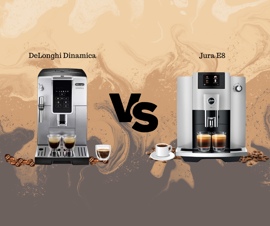 Side-by-side comparison of the Jura E8 and DeLonghi Dinamica espresso machines, highlighting features and brewing capabilities.