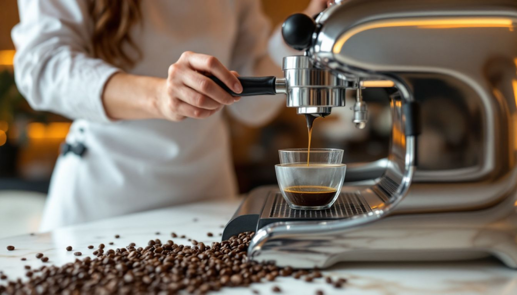 A demonstration of proper tamping technique to prevent espresso channeling.