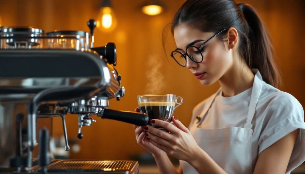 A barista diagnosing espresso channeling issues with a bottomless portafilter.