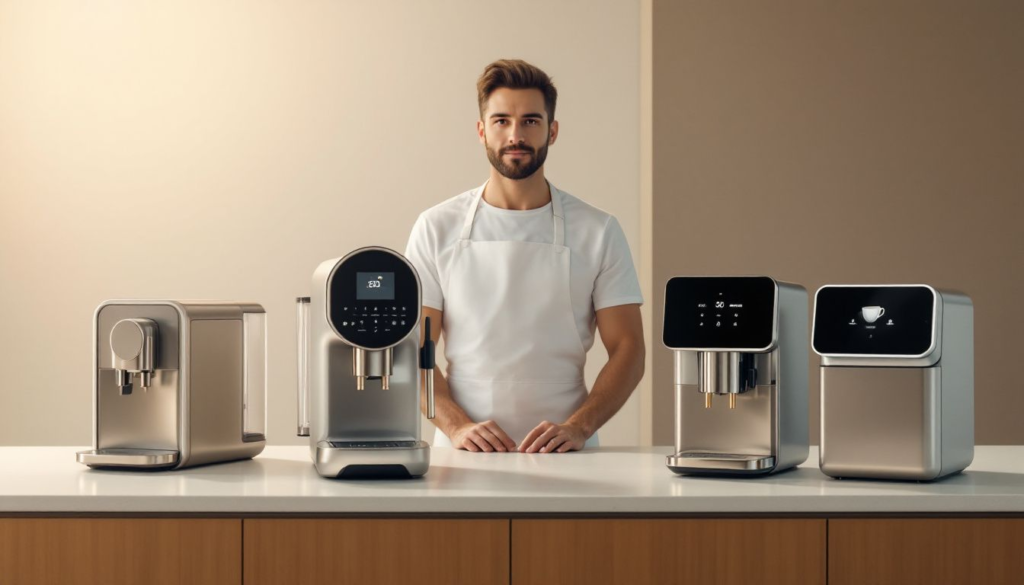 A person examining different cappuccino machines to find the best one for their needs.