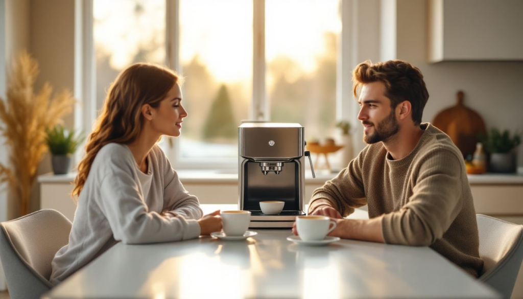 Happy customers enjoying coffee made from a coffee machine.