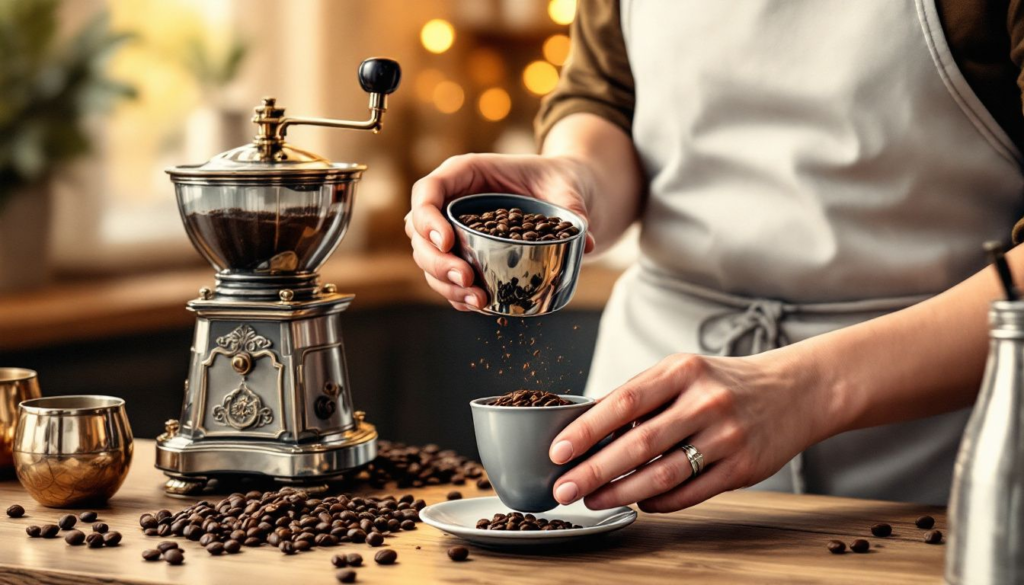 Home baristas preparing espresso with fresh coffee beans.