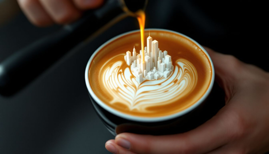 A beautifully crafted latte art on a cup of espresso, showcasing barista skills.