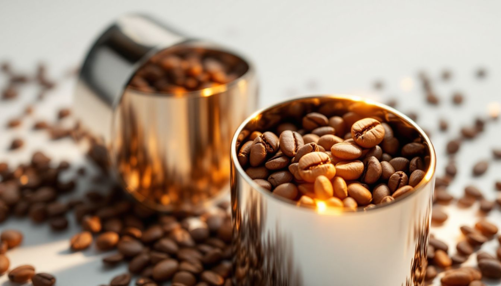 A close-up of coffee beans in a dual bean container, showcasing the freshness.