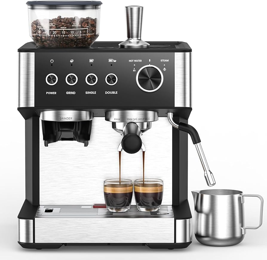 Espresso machine loaded with Brazil/Colombia blend, barista smiling mid-shot