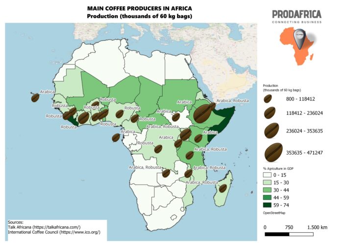 Map of Africa showing key coffee origins with flavor tags