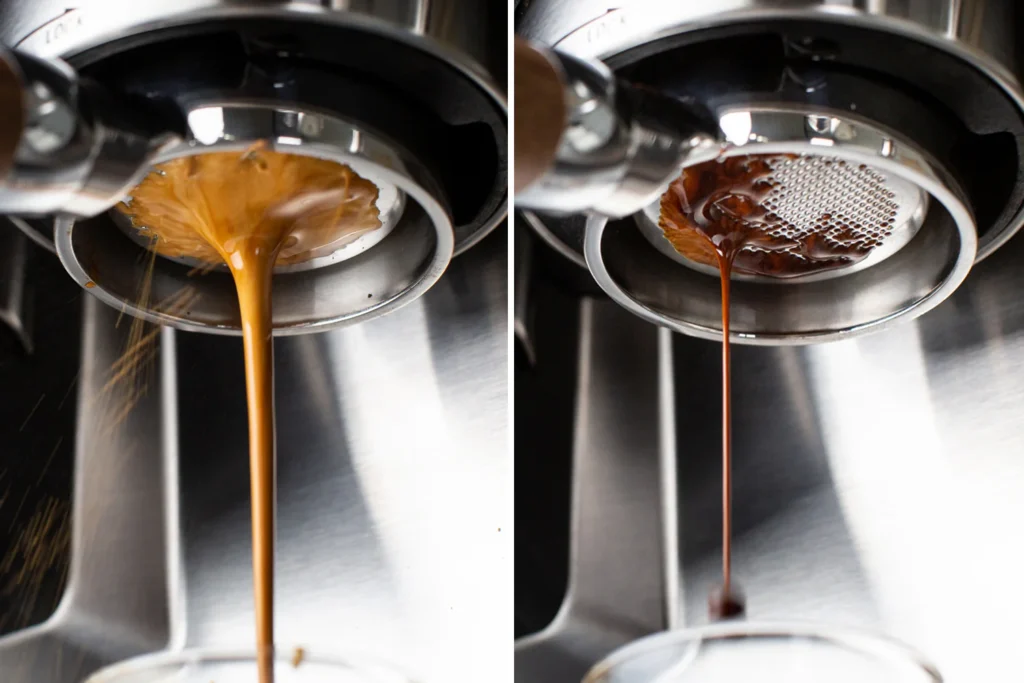 Bottomless portafilter showing even vs channeling flow