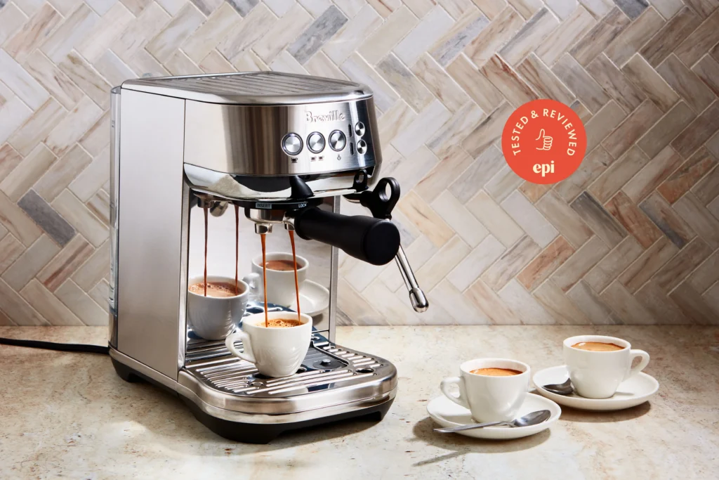 Espresso machine with dosing tools and notes labeled by origin
