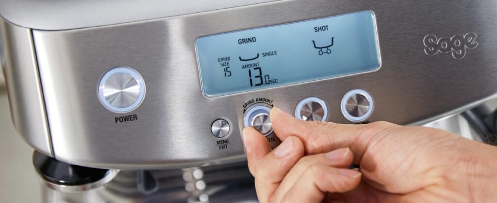 Espresso machine showing settings on screen