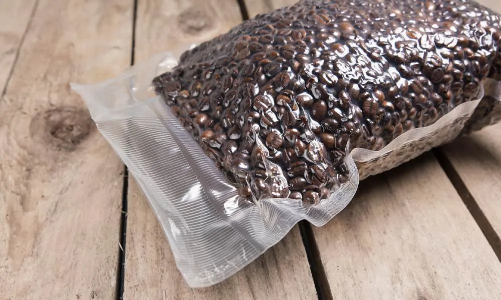 Beans stored in vacuum-sealed bags, roast dates labeled