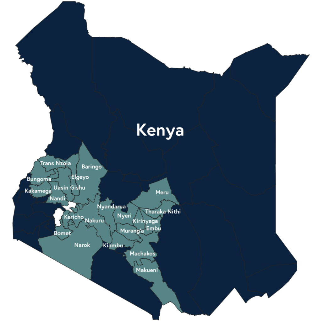 Map of Kenya with regions: Nyeri, Kirinyaga, Embu, Murang’a