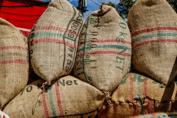 Coffee sacks stamped “Brazil” stacked in a roastery