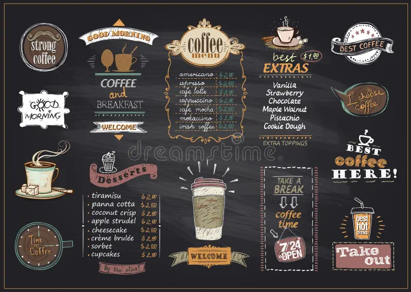 Menu board showing espresso roast options for black vs milk drinks