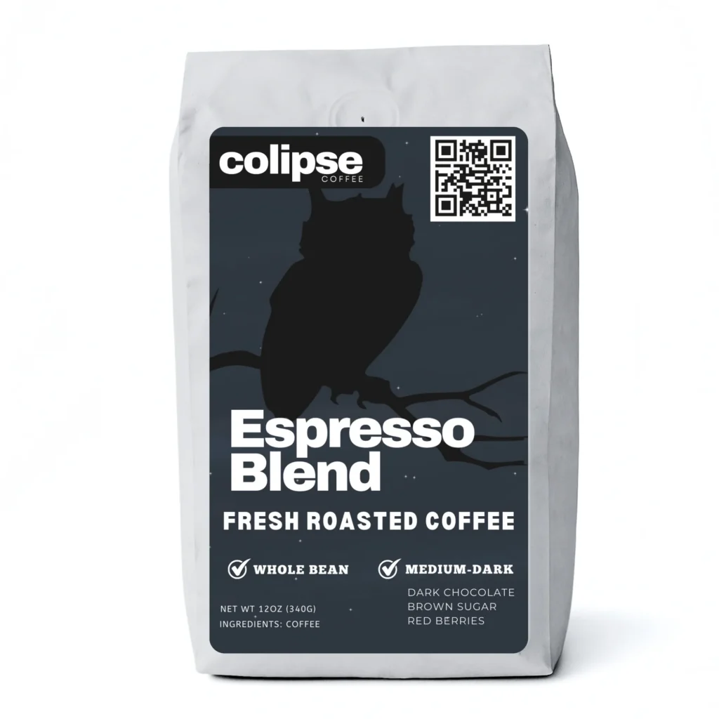 Coffee bag labeled “Espresso Blend” with tasting notes