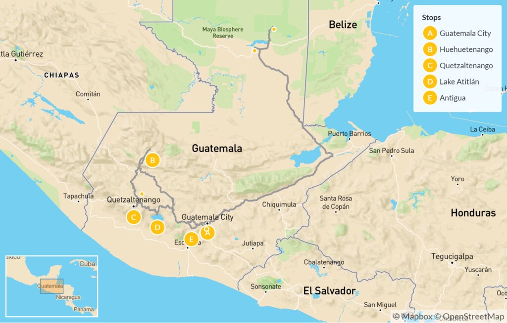 Map of Guatemala with coffee regions marked: Antigua, Huehuetenango, Atitlán, Cobán, Fraijanes
